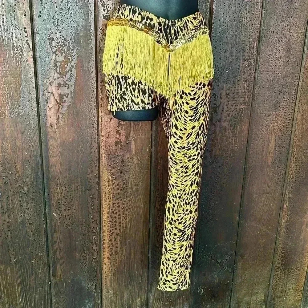 Vintage One Leg Leopard Cheetah Animal Print Leggings Fringe Sequins 80s 90s